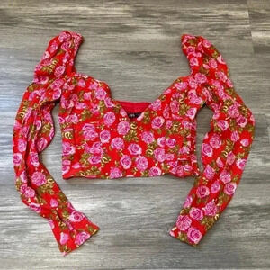 NWOT Zara Red and Pink Floral Roses Print Long‎ Puff Sleeve Crop Top Womens Sz S